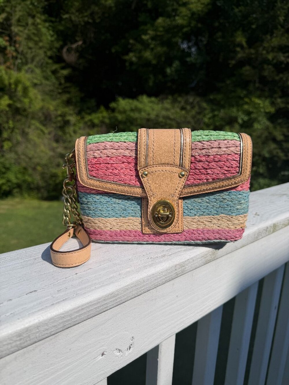Coach Hamptons Limited Edition Multicolor Straw Turnlock Wristlet Wallet Clutch